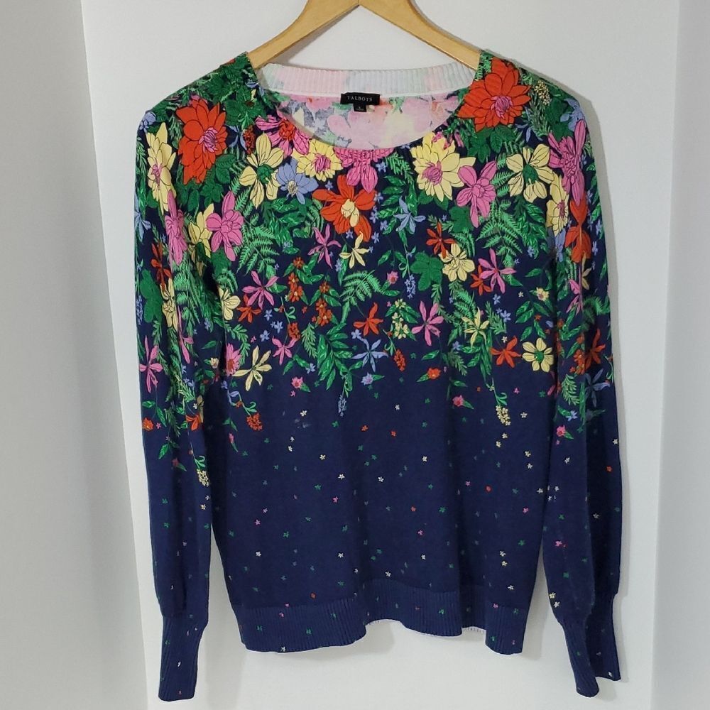 Talbots Blissful Floral Crewneck Pullover Sweater Navy and Multicolor Women's S